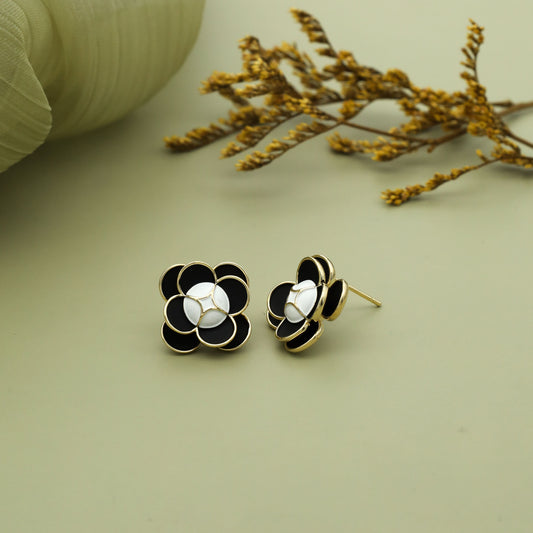 Gold Plated Floral Stud Earrings with Black & White Stones