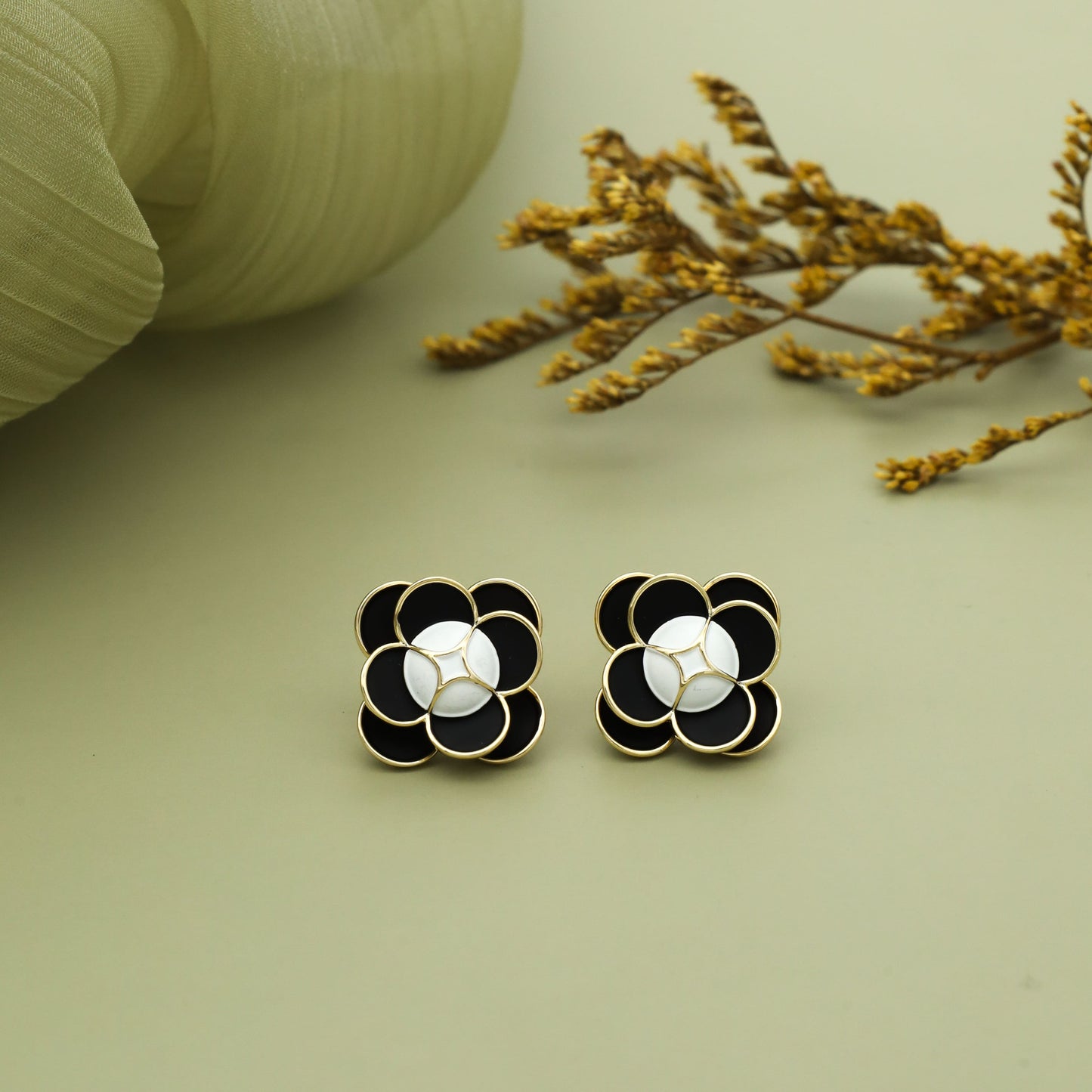Gold Plated Floral Stud Earrings with Black & White Stones