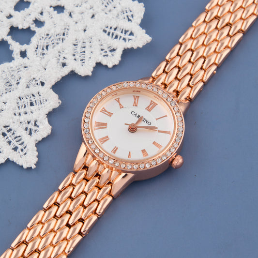Rose Gold Roman Dial Watch with Crystal-Studded Bezel