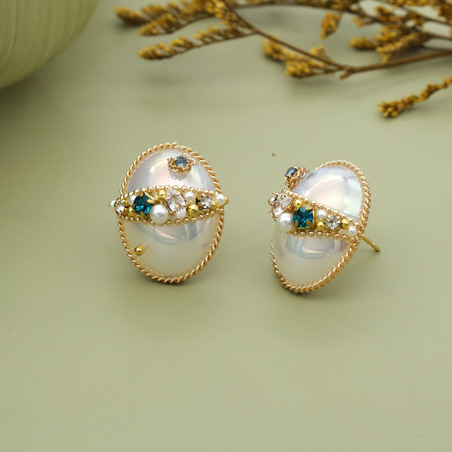 Elegant Oval Pearl Stud Earrings with Crystals & Gold Detailing for Women & Girls