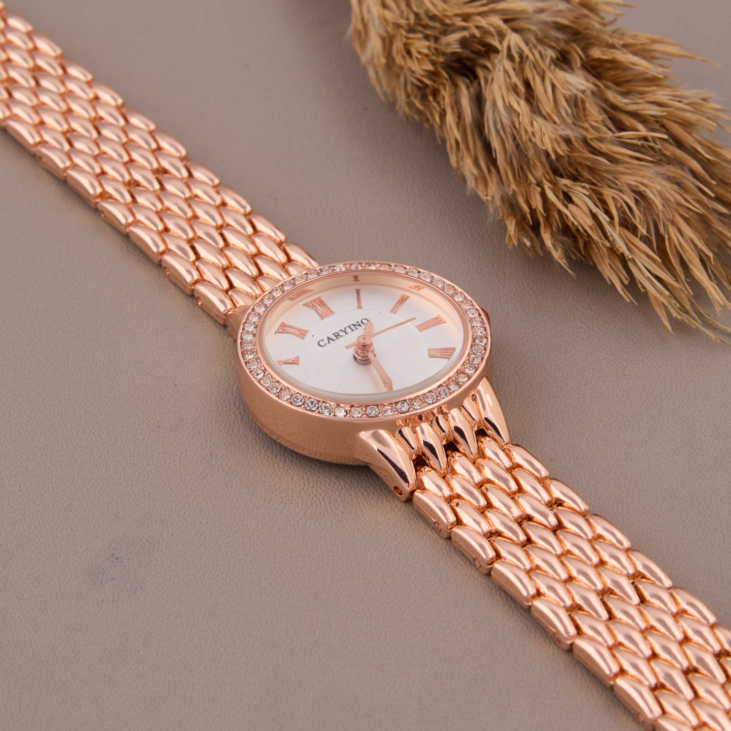 Rose Gold Roman Dial Watch with Crystal-Studded Bezel