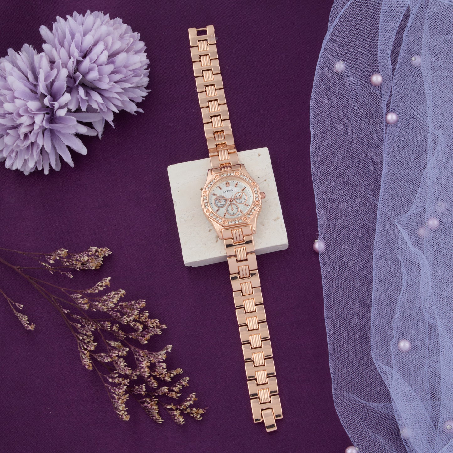 Rose Gold Multi-Dial Crystal-Studded Watch for Women