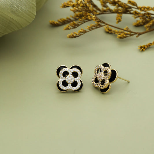 Floral Clover Stud Earrings – Black & Gold Elegance with Crystal Accents