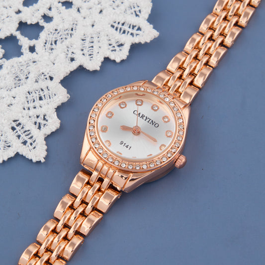 Elegant Rose Gold Round Dial Women's Watch with Crystal Accents
