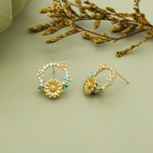 Golden Daisy Wreath Earrings with Crystals & Colorful Accents