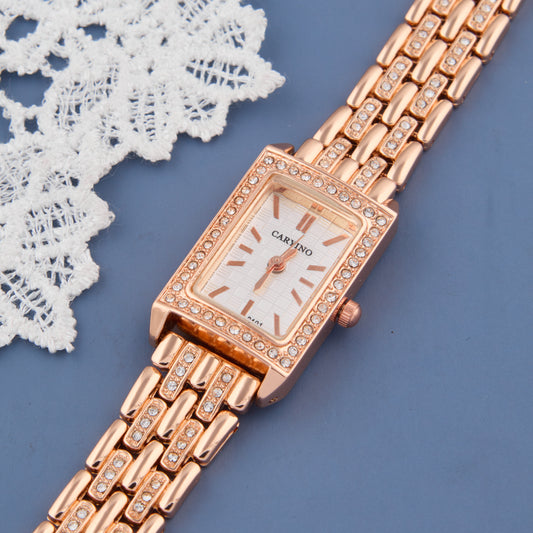 Chic Rose Gold Rectangular Dial Women’s Watch with Crystal Bezel