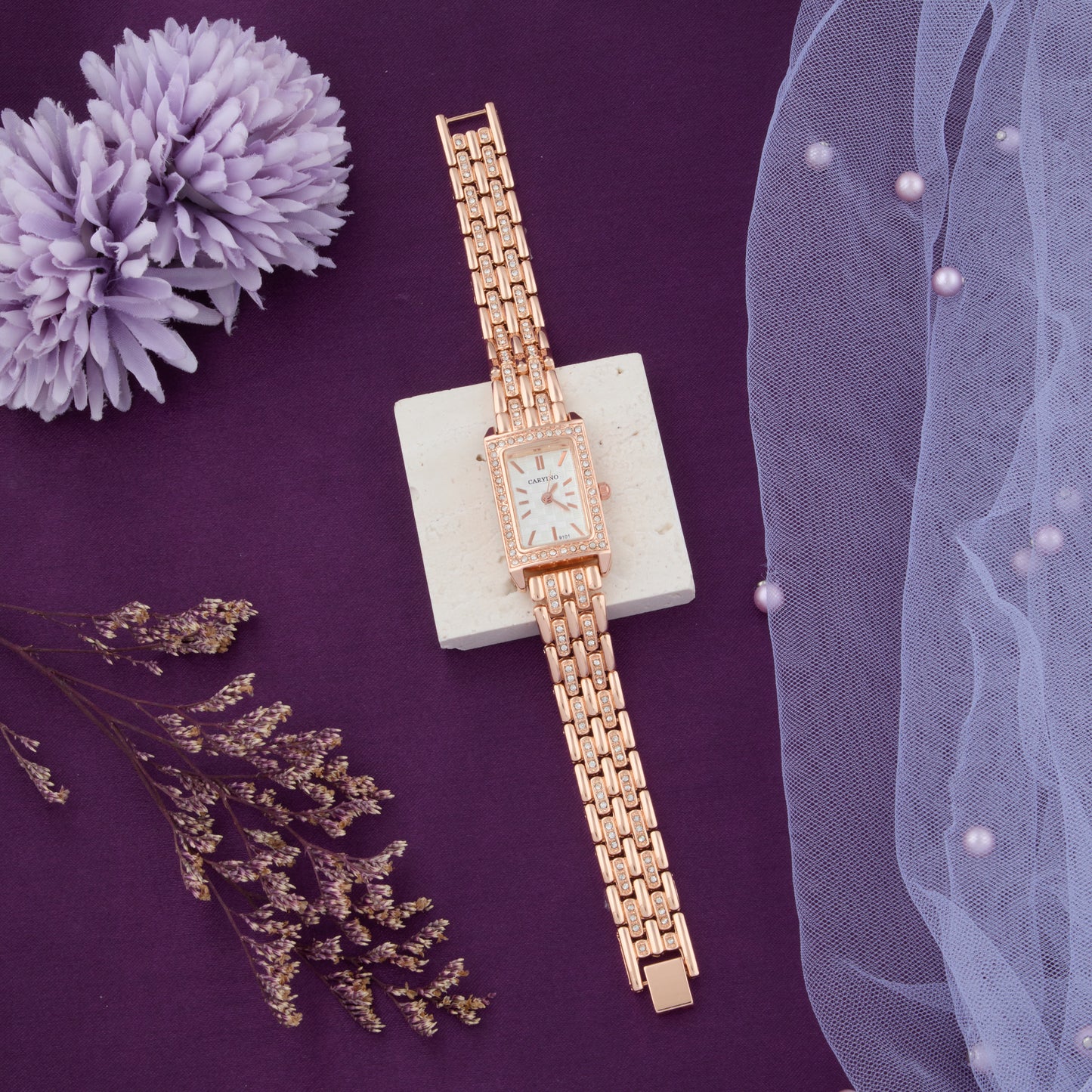 Chic Rose Gold Rectangular Dial Women’s Watch with Crystal Bezel