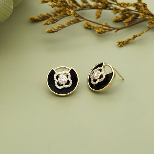 Elegant Black & Gold Floral Stud Earrings with Crystal Accents