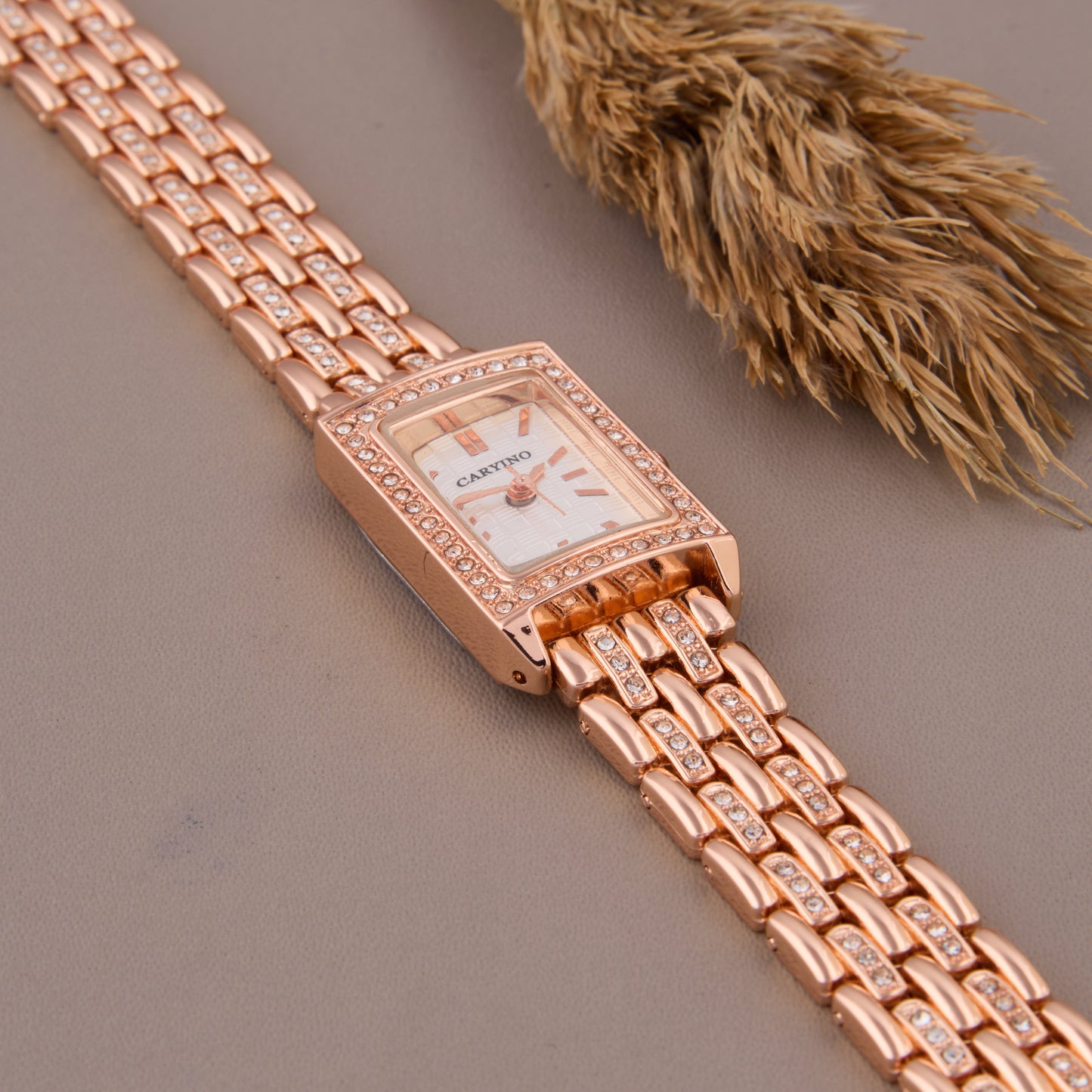 Chic Rose Gold Rectangular Dial Women’s Watch with Crystal Bezel