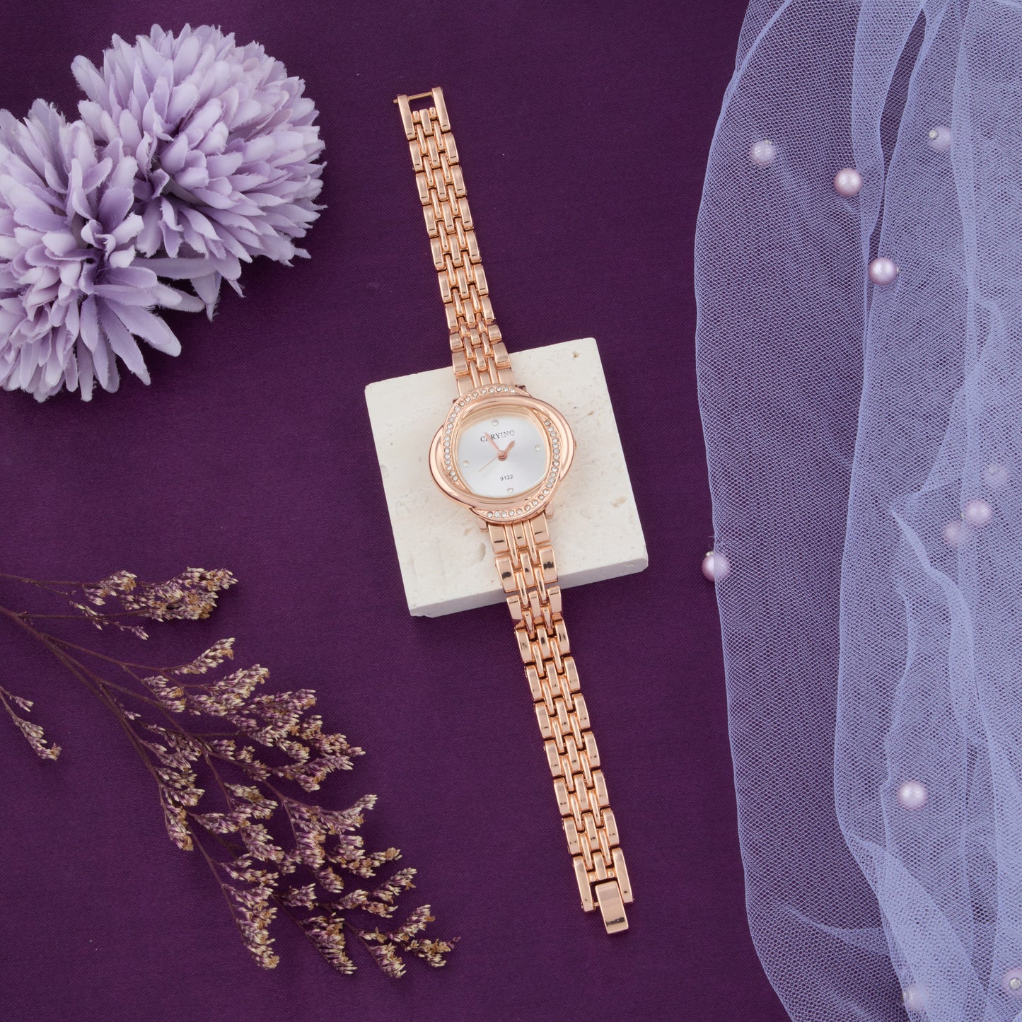 Designer Rose Gold Women’s Watch with Unique Crystal-Studded Bezel