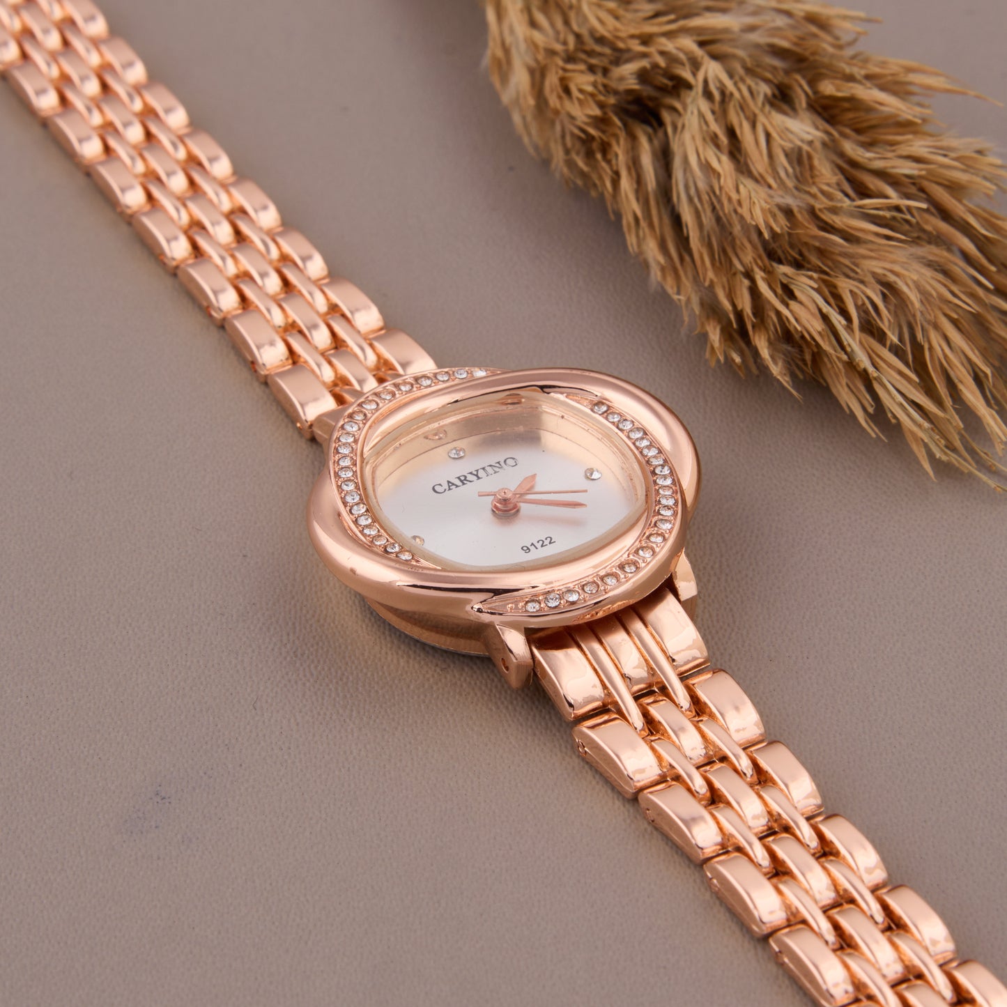 Designer Rose Gold Women’s Watch with Unique Crystal-Studded Bezel