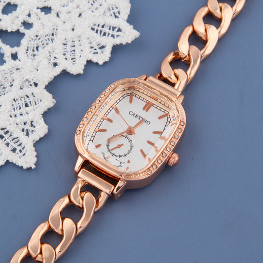 Trendy Rose Gold Women’s Watch with Bold Chain Strap & Crystal Bezel
