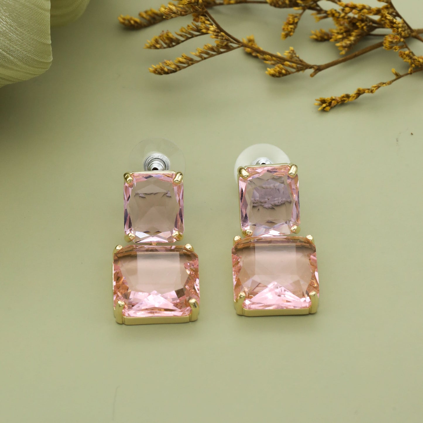 Elegant Double Pink Crystal Drop Earrings