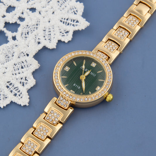 Stylist Gold Green Women’s Watch with Crystal-Studded Bracelet