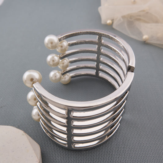 Silver-Tone Caged Pearl Statement Bracelet