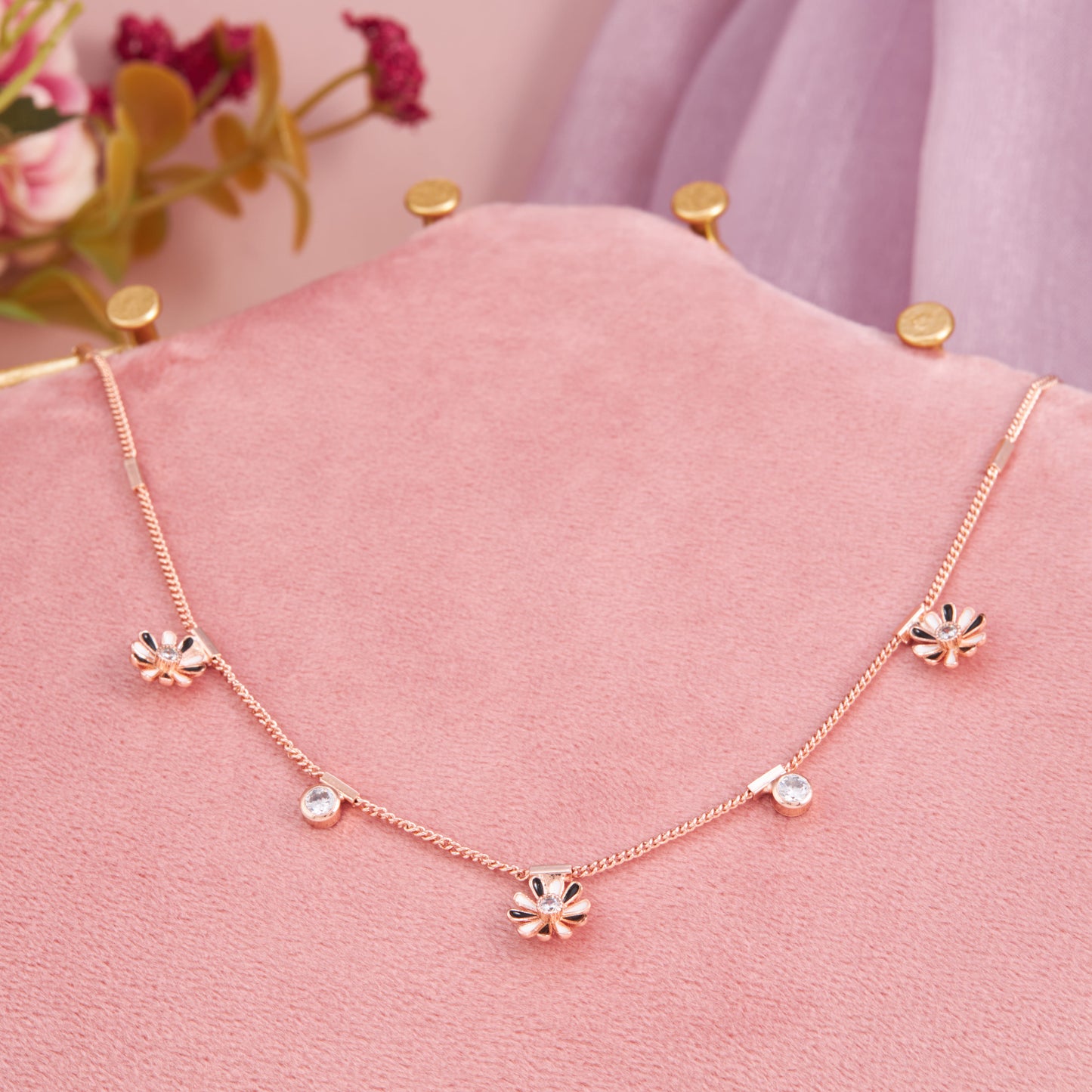 Stainless Steel Rose Gold Plated American Diamond Studded Necklace for Women