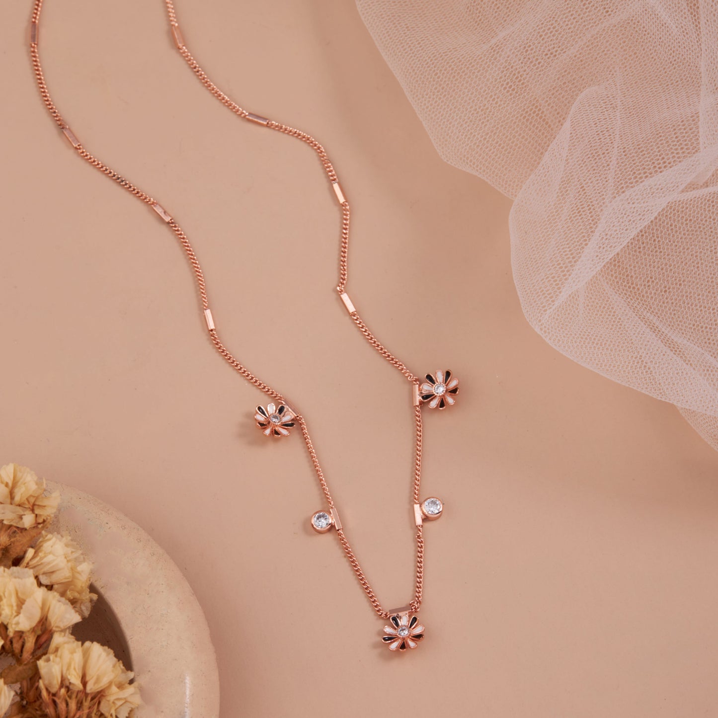 Stainless Steel Rose Gold Plated American Diamond Studded Necklace for Women