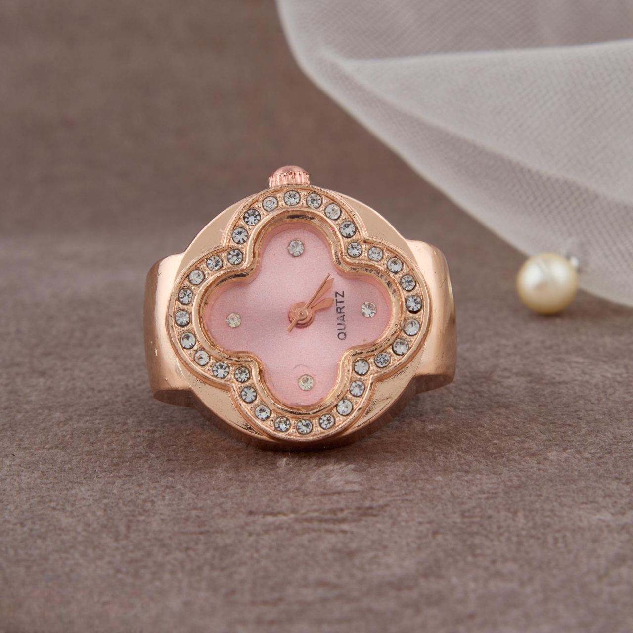 Chic Pink Dial Ring Watch in Rose Gold with Crystals