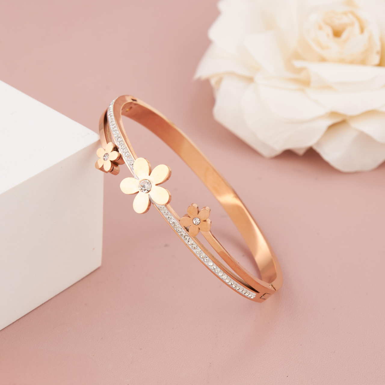 Rose Gold Floral Charm Bracelet with CZ Accents for Women Girls