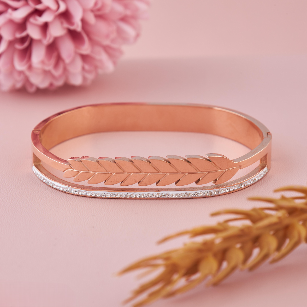 Rose Gold Leaf Design Bracelet with CZ Line for Girls & Women