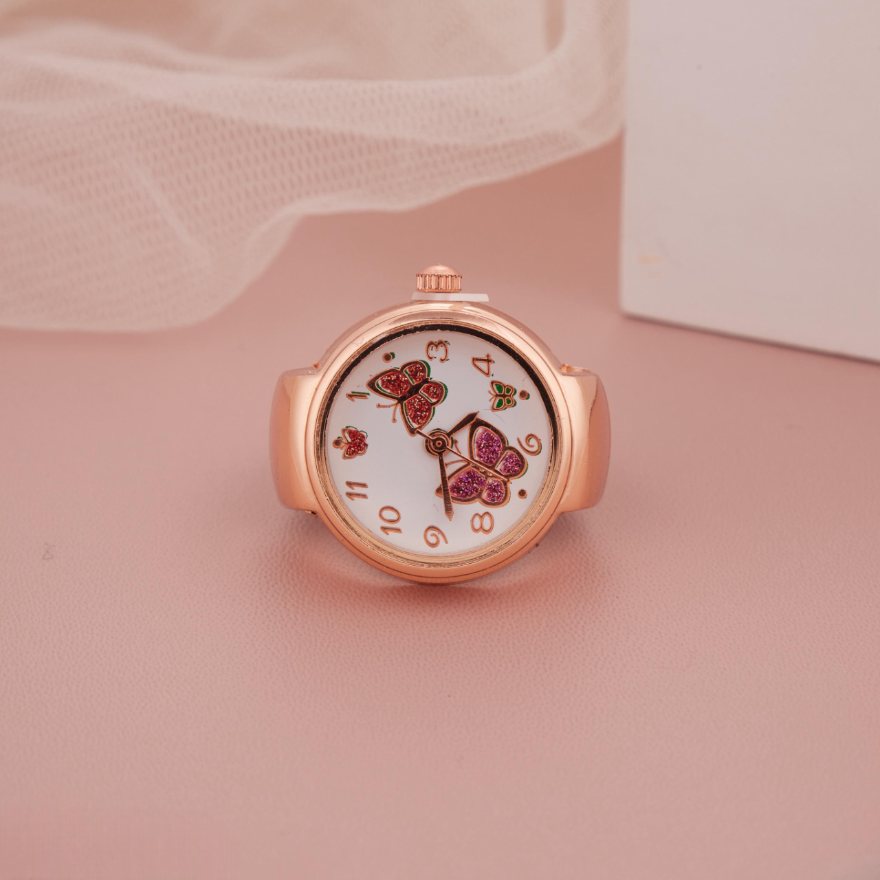 Rose Gold Ring Watch with Butterfly Print & White Dial for Women & Girls