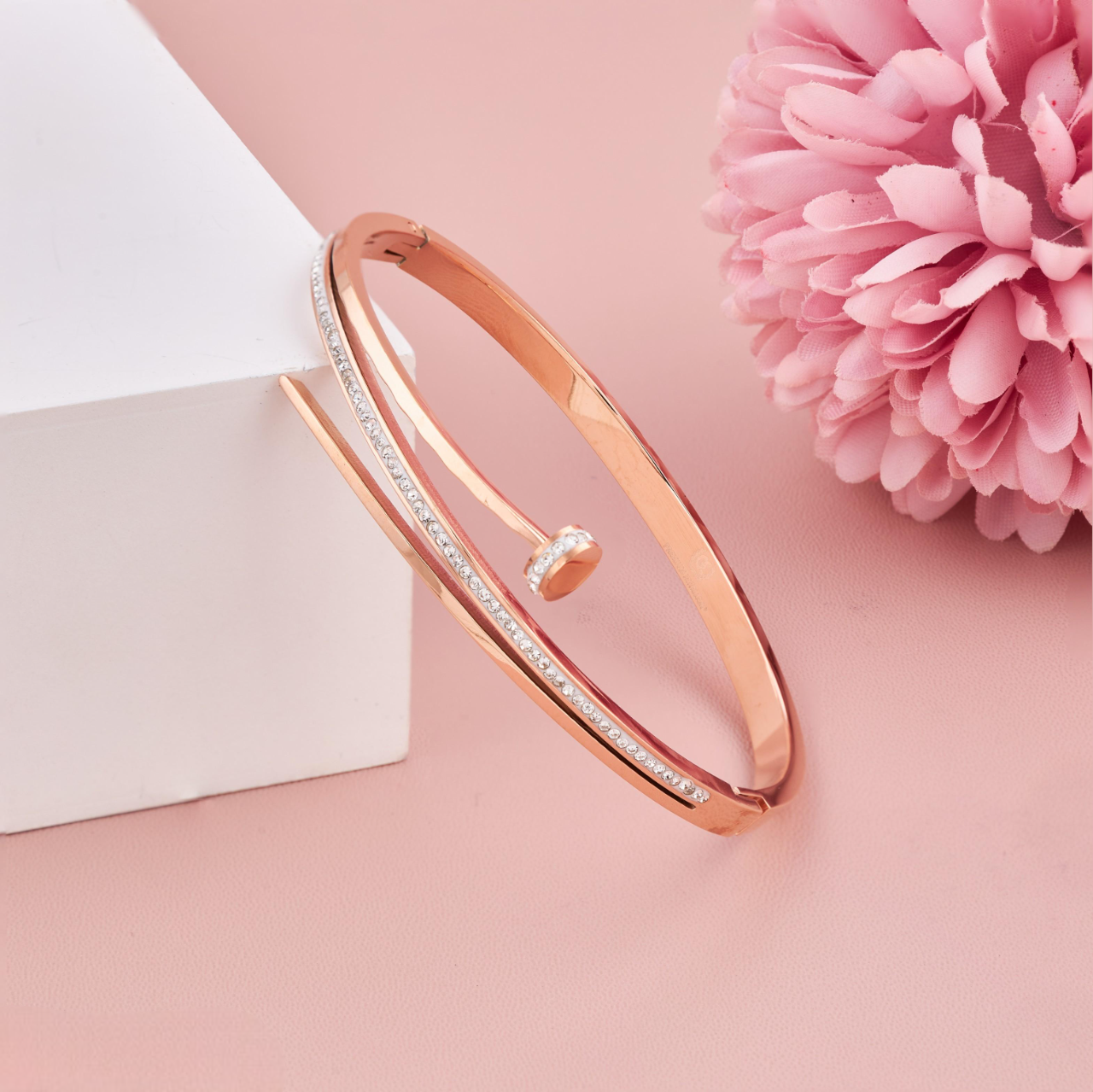 Rose Gold Nail Design Bracelet with CZ Detailing for Women & Girls