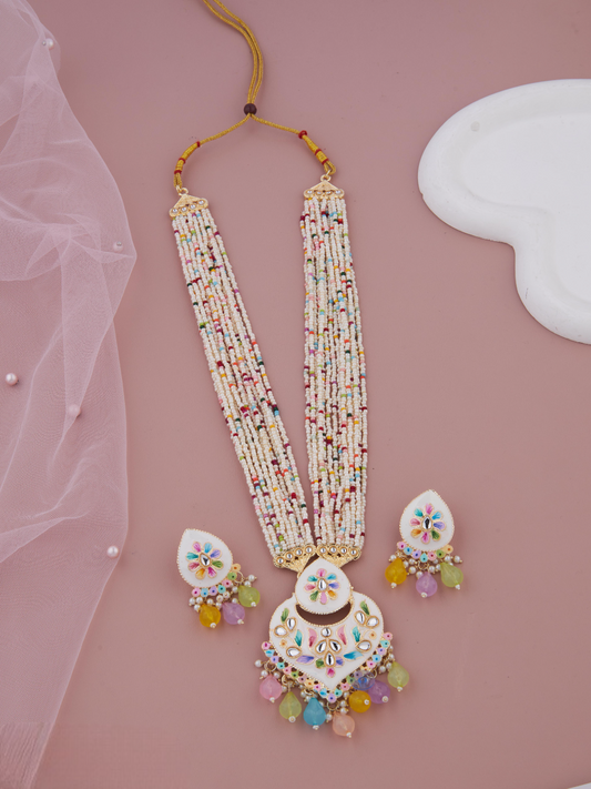 Multicolor Traditional Hand-Painted Floral Necklace Set with Earrings