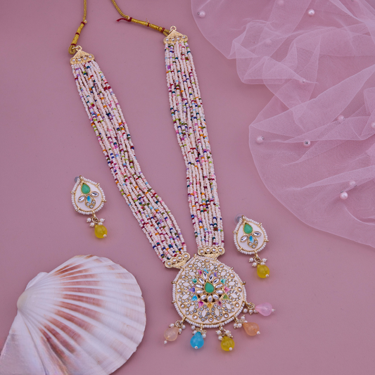 Ethnic Beaded Necklace Set with Meenakari Pendant & Earrings