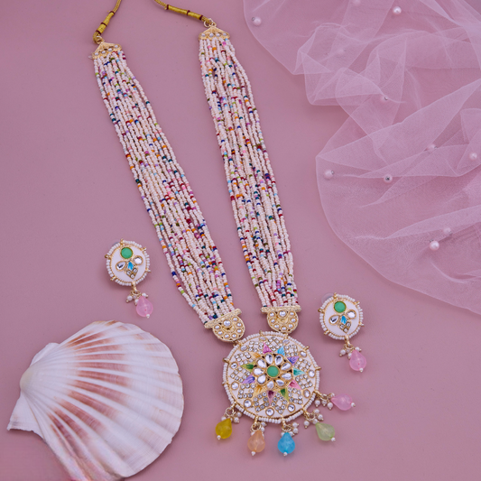 Tranditional Beaded Necklace Set with Meenakari Pendant & Earrings