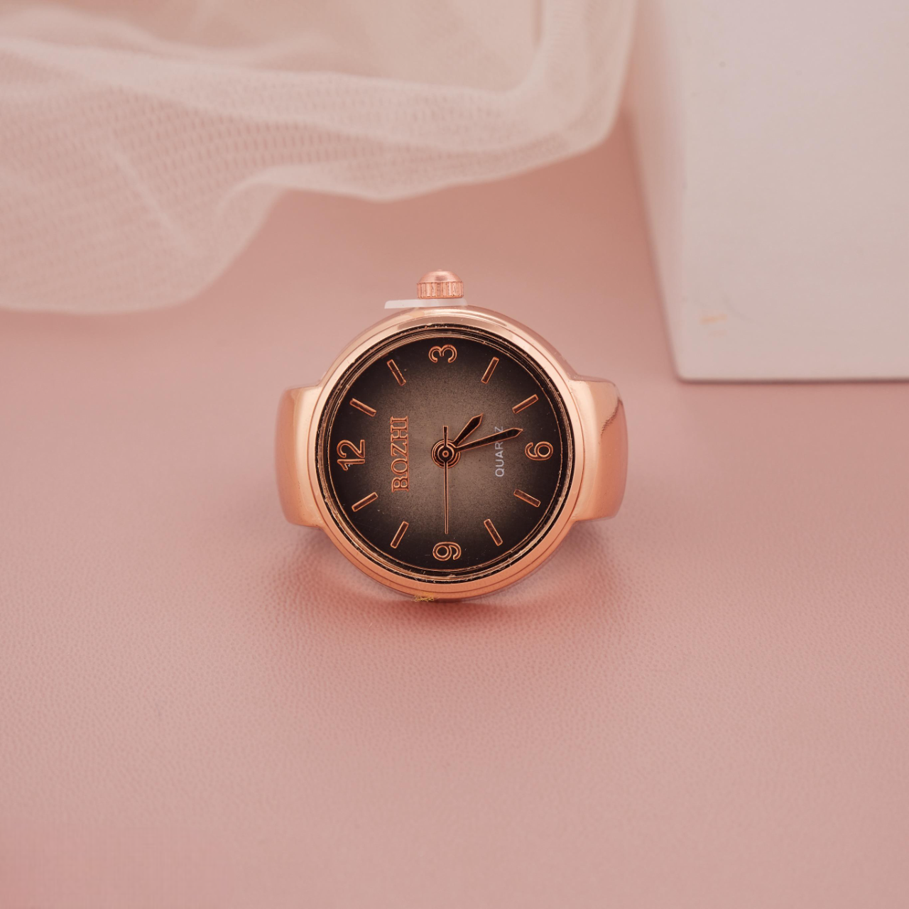 Rose Gold Ring Watch with Black Gradient Dial & Arabic Numerals