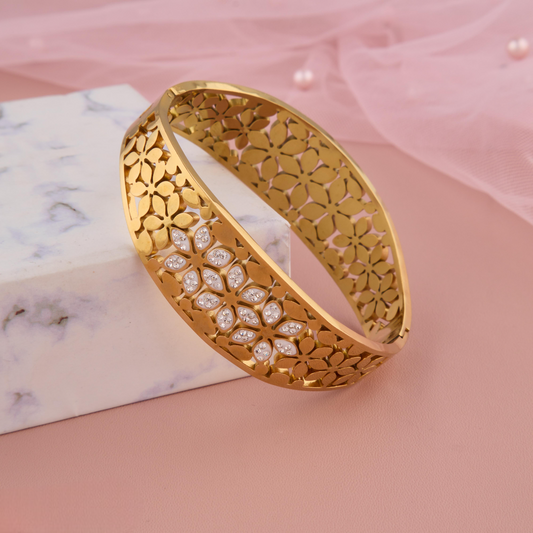 Elegant Gold Floral Cut-Out Bangle with Stone Embellishments