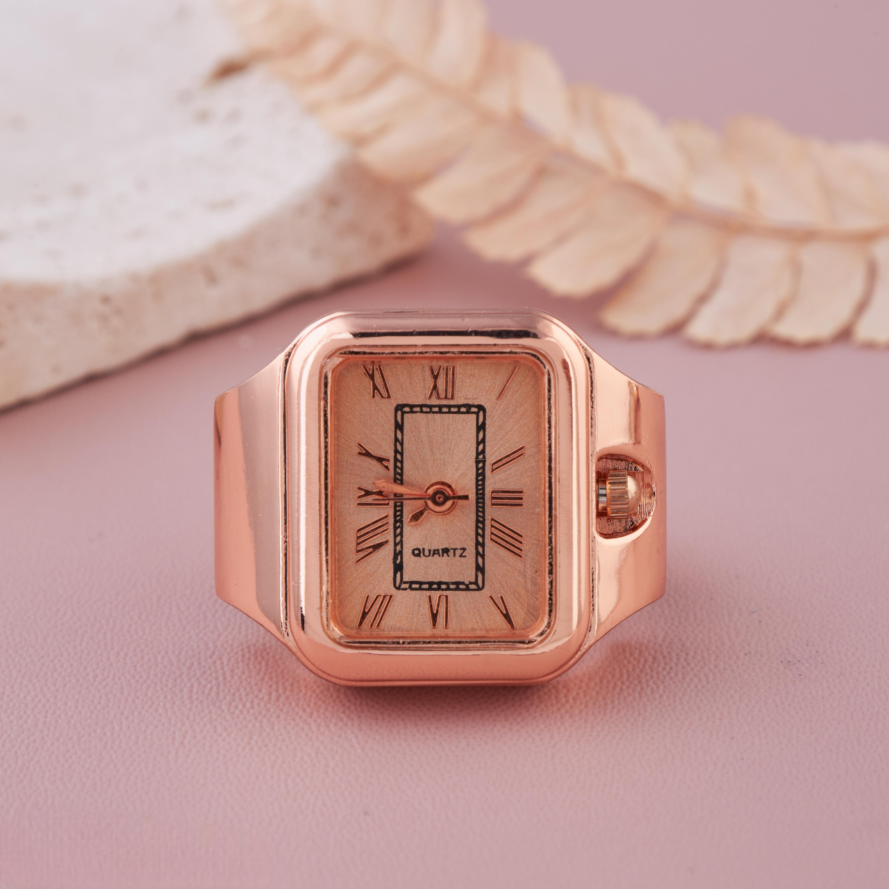 Rose Gold Square Dial Ring Watch with Roman Numerals