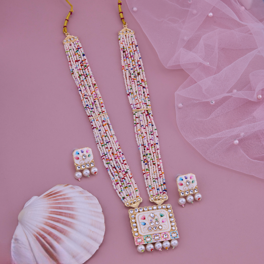Ethnic Jewelry Set Necklace with Rectangular Meenakari Pendant & Pearl Drops