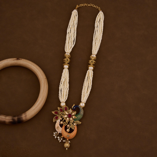 Traditional Peacock Design Kundan & Pearl Necklace Set