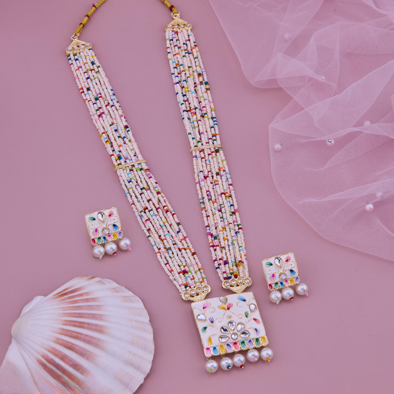 Multicolor Square Necklace Set with Pendant, Earrings