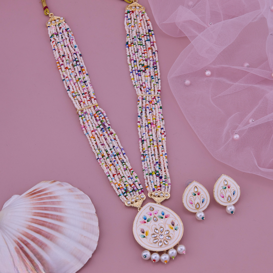 Multicolor Beaded Necklace Set with Meenakari Pendant & Earrings