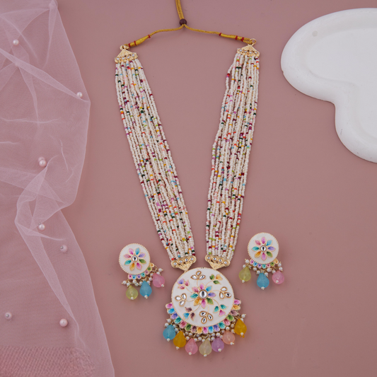 Multicolor Beaded Necklace Set with Hand-Painted Pendant & Earrings