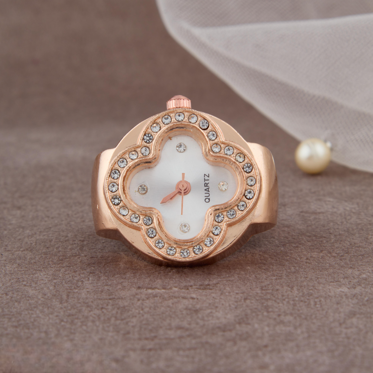 Elegant White Dial Rose Gold Ring Watch with Crystal Accents