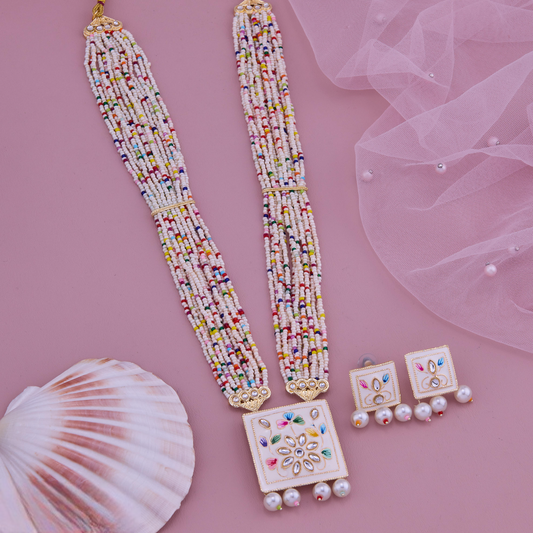 Handcrafted Multicolor Beaded Necklace Set with Square Meenakari Pendant & Earrings
