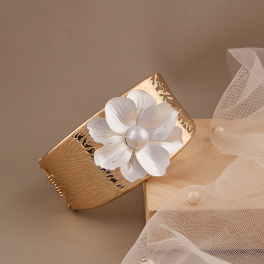 Gold-Tone Floral Statement Bracelet with Frosted Petal Design