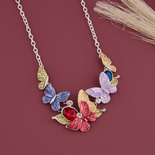 Multicolor Butterfly Necklace Set with Stud Earrings