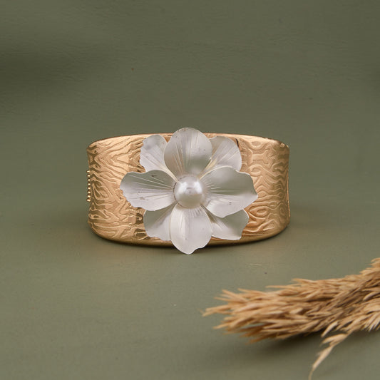 Gold-Tone Floral Statement Bracelet with Frosted Petal Design