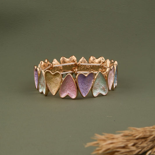 Multicolor Heart Charm Bracelet Iridescent Enamel Design with Gold-Tone Finish