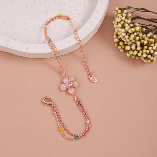 Stainless Steel Rose Gold-Plated AD Studded Clover Elegant Wraparound Bracelet