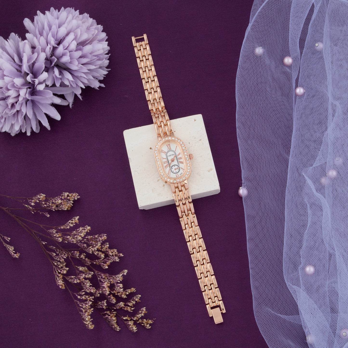 Elegant Rose Gold Oval Dial Women’s Watch with Crystal Bezel & Roman Numerals