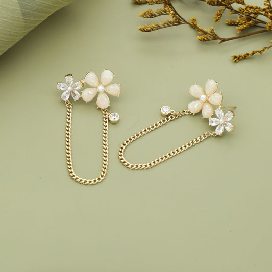 Delicate Floral Chain Earrings with Pearl and Crystal Accents
