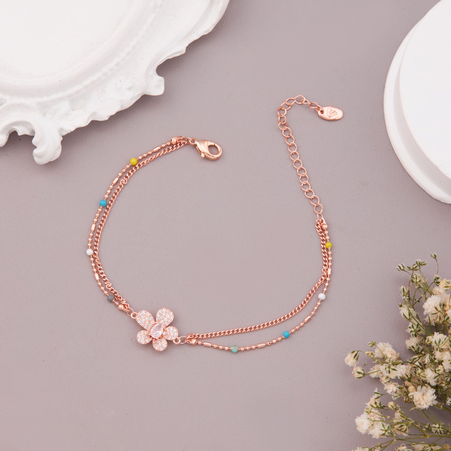 Stainless Steel Rose Gold-Plated AD Studded Clover Elegant Wraparound Bracelet