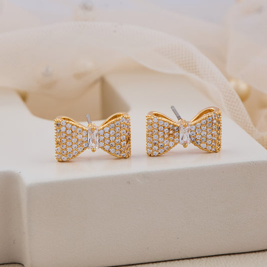 Gold Bow Stud Earrings with Pave Crystals