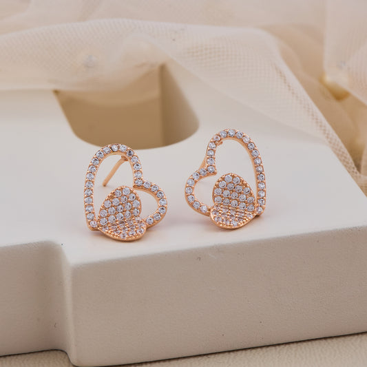 Double Heart Crystal Stud Earrings in Rose Gold Finish