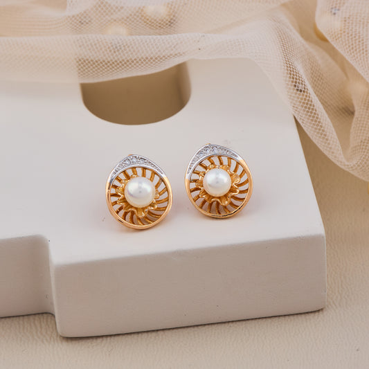 Gold Pearl Sunburst Stud Earrings with Diamond Accents